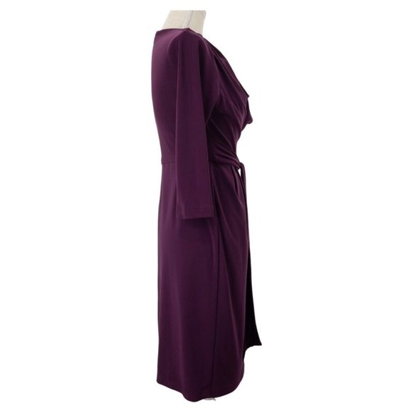Ellen Tracy Purple Dress Size 4 Cowl Neck 3/4 Sleeve Above Knee With Waist Tie - Picture 2 of 5